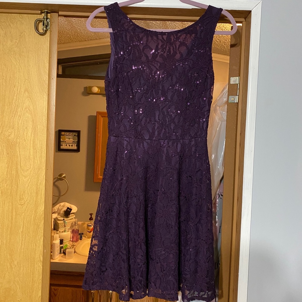 purple, laced, sequenced dress